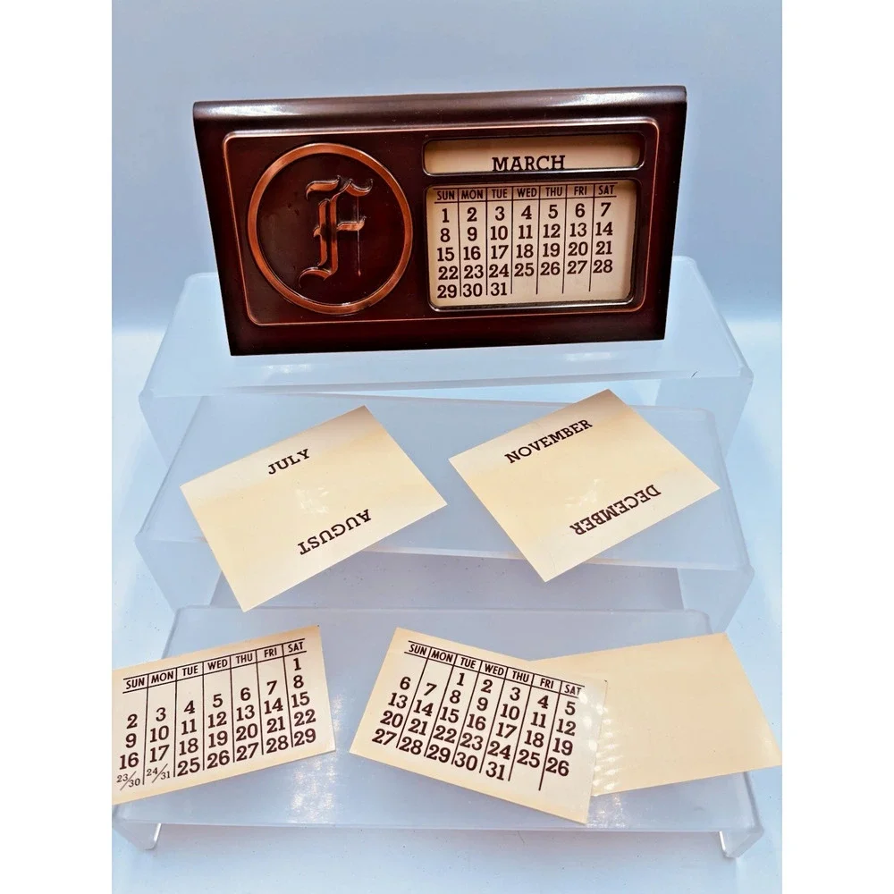 Vintage ’’F’’ Monogram Desktop Bronze & Copper Tone Perpetual Calendar 1950s
